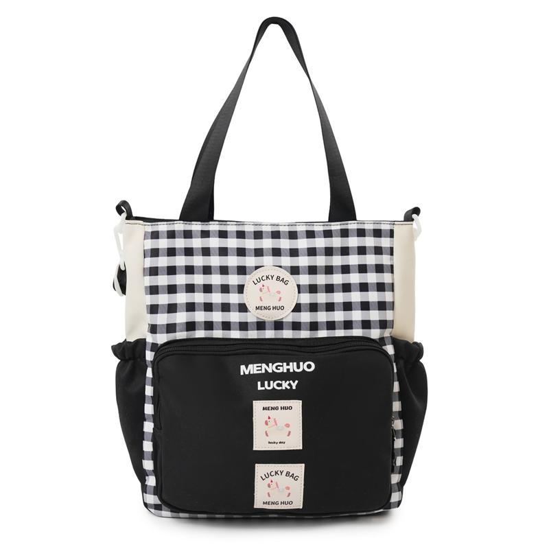 Lightweight Large Capacity Shoulder Bag Plaid Student Book Bag чёрный