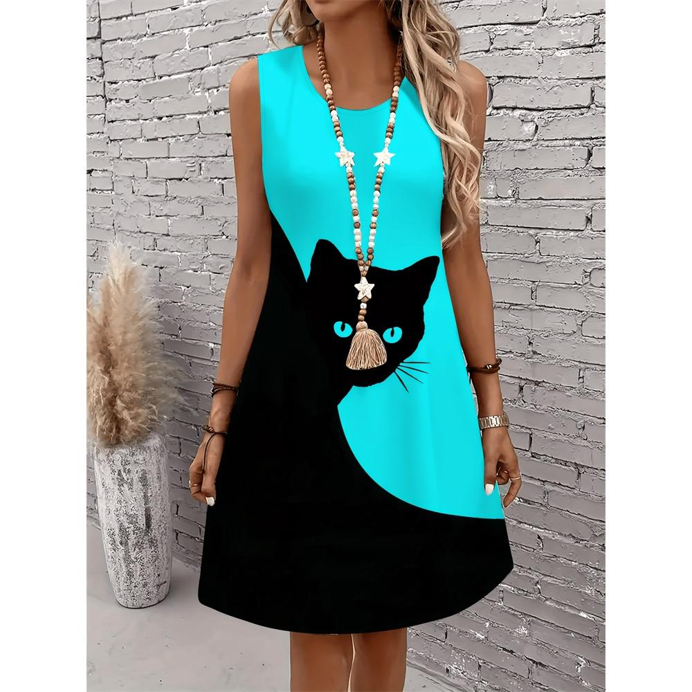 Summer Women's Fashion Cat-Print Dress Sleeveless 3D Animal Print Streetwear Hip-Hop Style Casual Dress Plus Size Dress