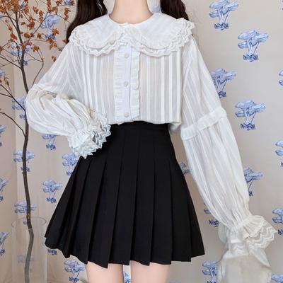 Lolita Style Blouses Cute Top Peter Pan Collar Lace Splicing Ruffled Long Sleeve Shirts Women Kawaii Sweet Clothes Y2k Tops
