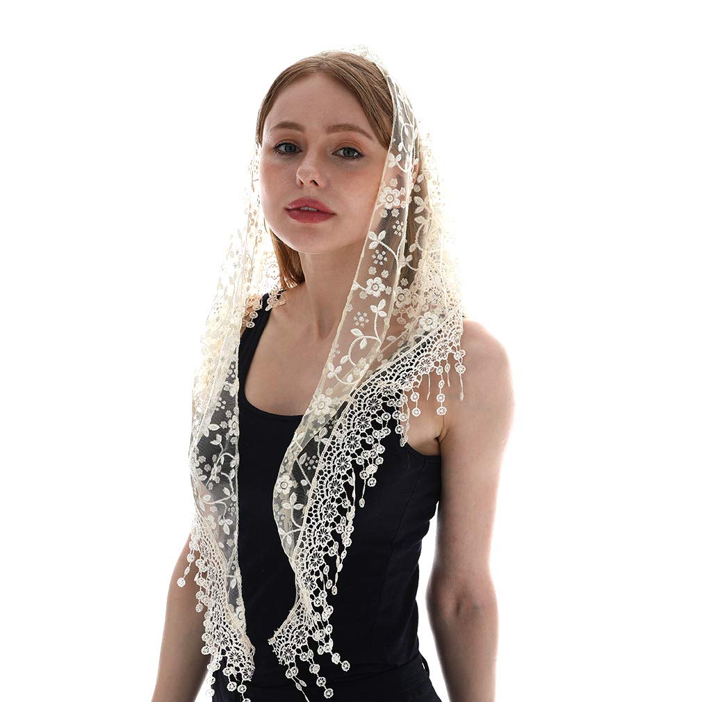 Embroidered Scarf for Church Shawl with Spanish Fringes Christian Veil Spanish Mantilla Lace Shawl Floral Women Handkerchief