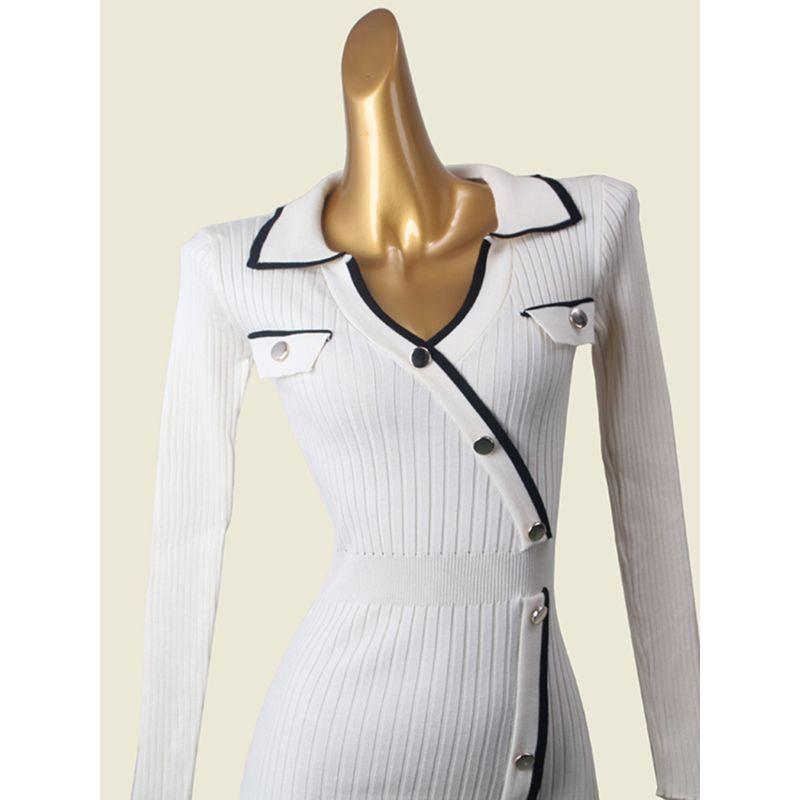 Fancy Classic Style Split Polo Collar Knitted Long-Sleeved Dress Female Autumn 2024 New Arrival Slim Looking Color Matching Wrapped Skirt