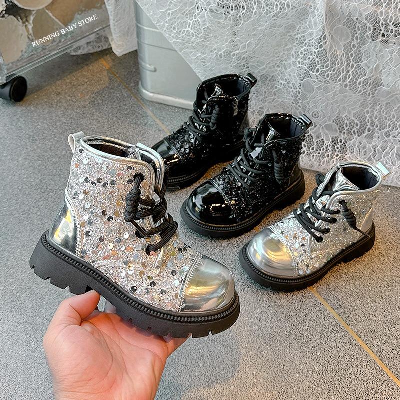 Bling Short Boots for Girl Round Toe Shine Sequin Side Zipper Outdoors Shoes Thick Bottom Chunky Heel Kidd Princess Boots I07247