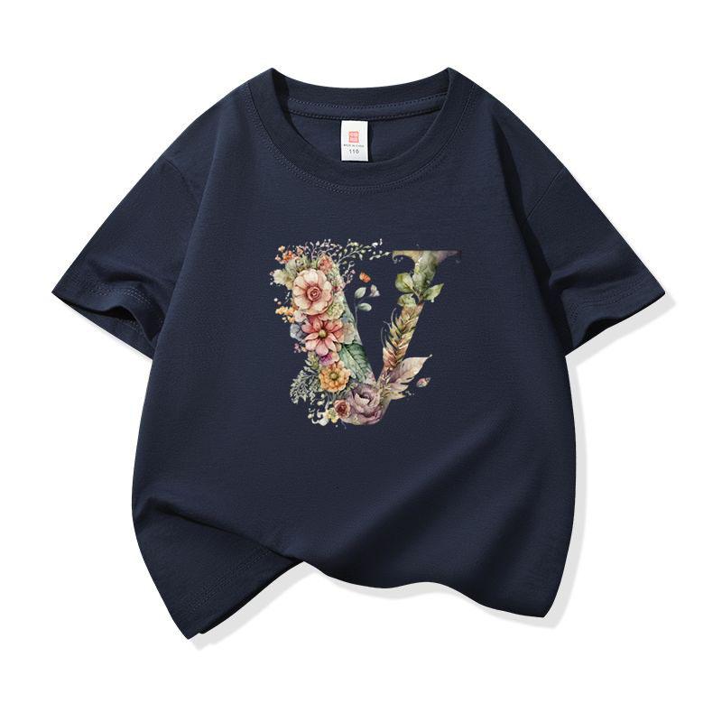 Kids Cotton T Shirt Floral Letter V Print Crew Neck Short Sleeve Tee Casual Boys Girls Summer Tops 100