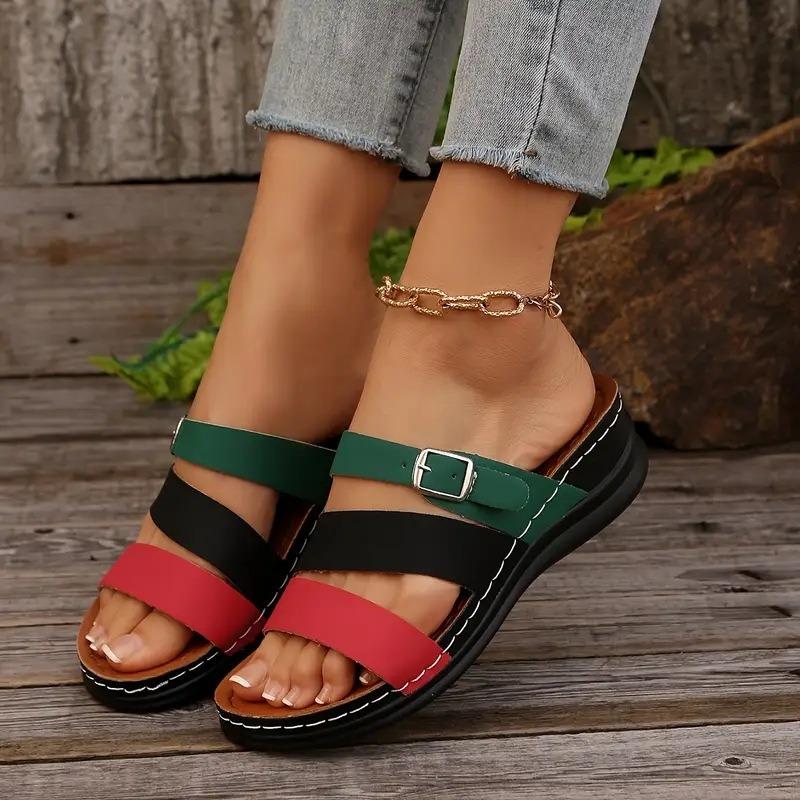 Large size wedge slippers women's new one-word drag fashion color matching belt buckle fish mouth cool slippers