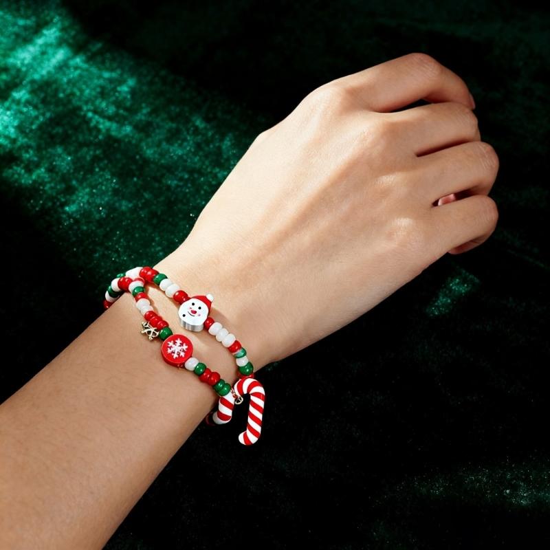 Festival Santa And Snowman Designs Soft Clay Beaded Bracelet 18cm Adjustable Length 3 Unique Styles Lightweight Jewelry