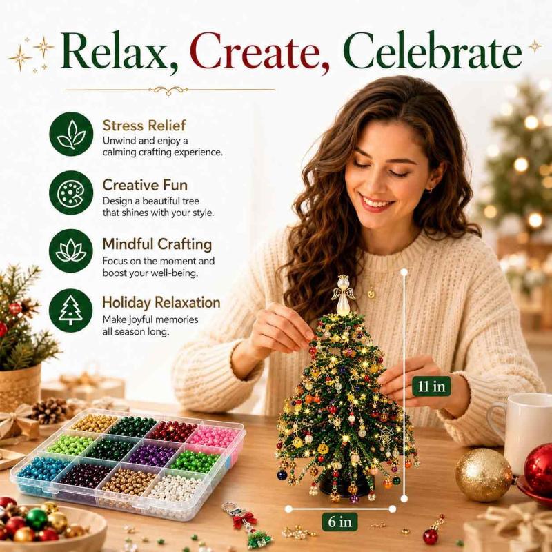 Diy Beaded Christmas Tree Kit – Crystal Bead Holiday Craft Set With Led Lights, Home Decor Gift For Adults & Kids