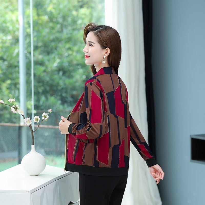 Autunno Inverno Nuovo Cappotto Corto Donna Anziana di Mezza Età Stampa Rever Tasca con Cerniera Manica Lunga Sottile Ampio Versatile Giacca Top