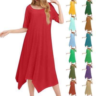 Women's Casual Fashion Round Neck Short Sleeve Solid Irregular Hem Midi Dress