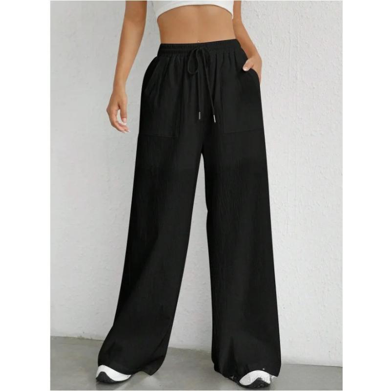 Western Women's Casual Solid Color Drawstring Straight Leg Slight Flare Pocket Casual Pants