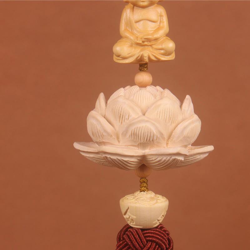 Handmade Boxwood Lotus Buddha Fu Figurines Pendants Car Ornaments Chinese Knot Style Window Decoration Home Decor Feng Shui Gift