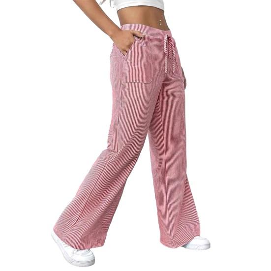 

Women Long Pants Elastic Waist Striped Design Straight Wide Leg Trousers with Pockets Relaxed Fit Leisure Pants S красный
