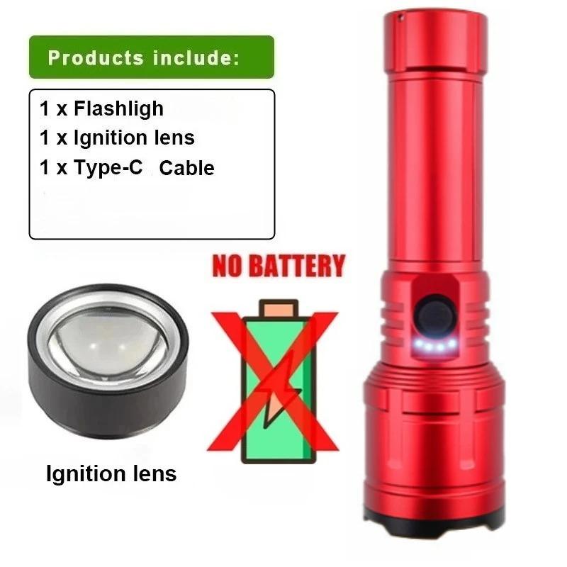 USB-C Rechargeable Tactical Flashlight with Flame Ignition Powerful LED Zoomable Torch for Outdoor Camping Adventure & Emergency