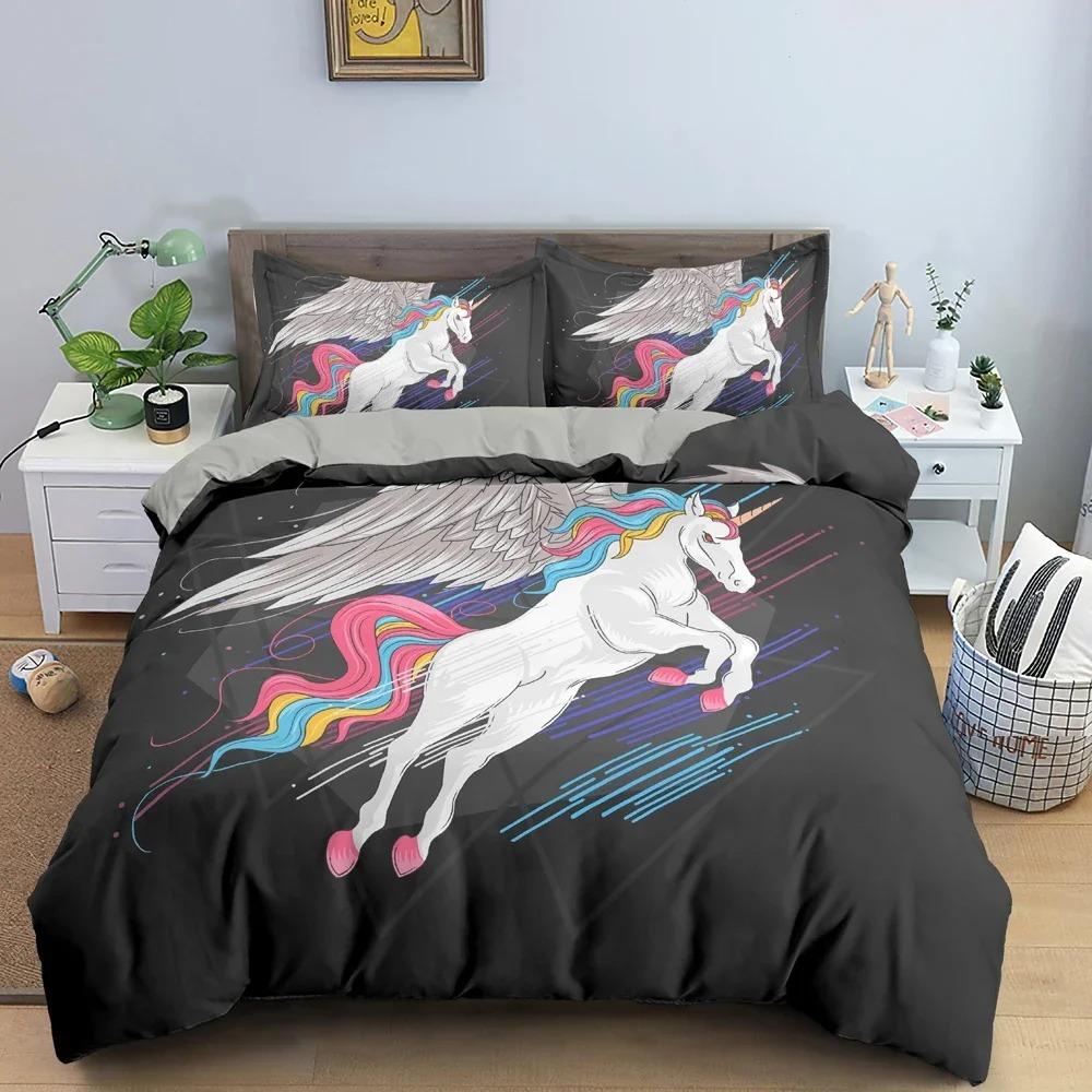 Cartoon Animal Unicorn Bedding Set Bedclothes Kid's Bedroom Duvet Cover Set Pillowcase King Queen Twin Size Home Texture