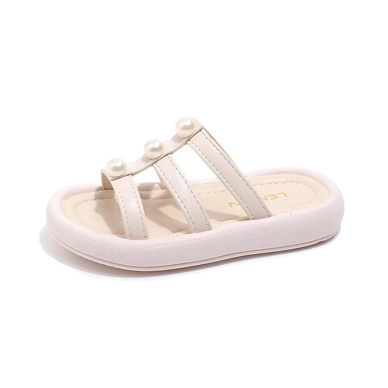 Children Casual Sandals Girls Summer Princess Slippers with Simple Pearls Kids Chic Beach Shoes for Vacation Elegant Temperament