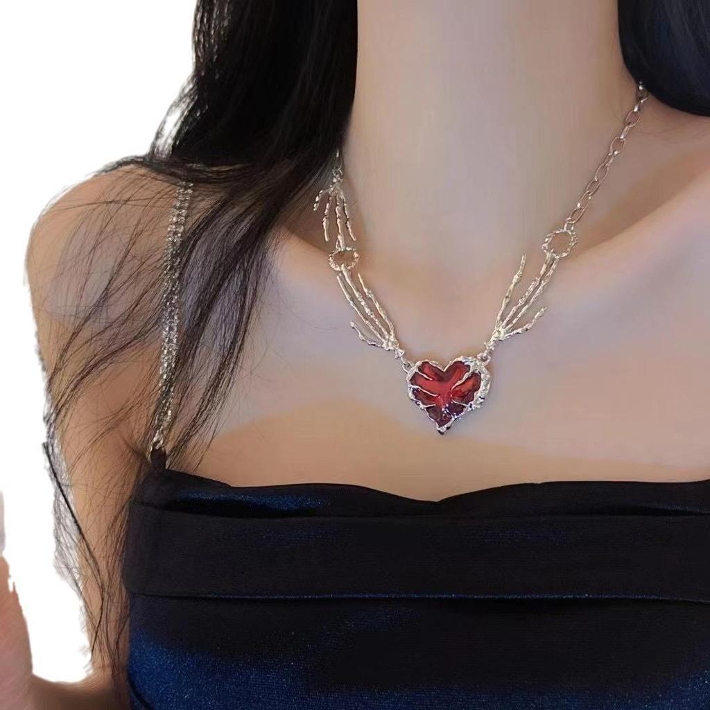 Dark Red Ghost Claw Pendant Necklace - Bold, Niche Design for Women