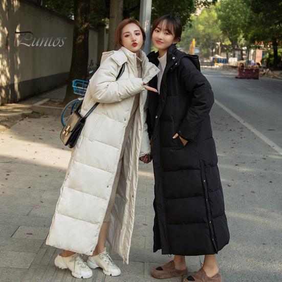 Women Cotton Coat Hooded Long Sleeve Pockets Side Slit Hem Down Jacket Solid Color Pockets Thickened Casual Outwear