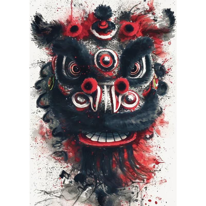 Modern Colorful Chinese Lion Dance Ink Wash Style Posters and Prints Canvas Printing Wall Art Picture for Living Room Decoration