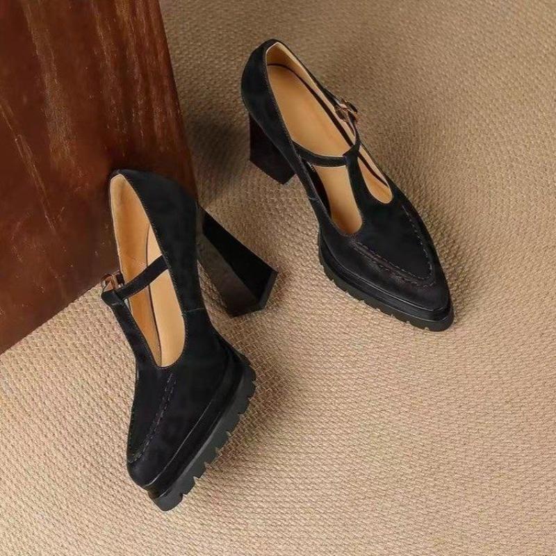 Fashion High-heeled Single Shoes Fashion New Pointed Toe Suede Slip Strap Platform Non-slip Block Heel Shoes
