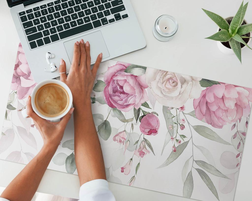 Modern Protective Keyboard Mat Pastel Flowers and Leaves 90X45 Cm