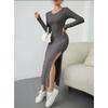 Autumn Winter Long Sleeve O-Neck Slit Knitted Long Dress for Women