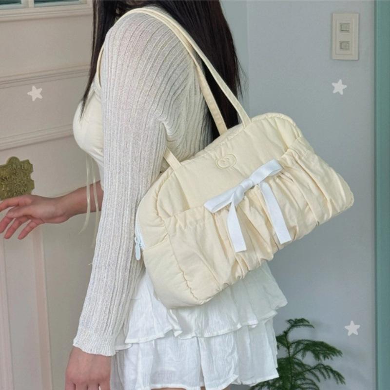 Embroidered Bow, Tie, Boston Bag, Large Capacity, Commuter, Women's, Daily, Pleated Shoulder Bag