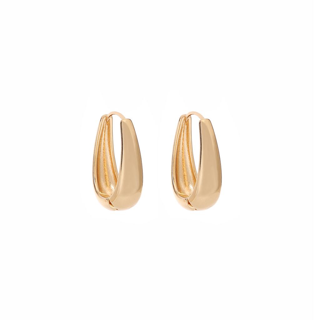 Hong Kong Style Retro Light Luxury Gold Plain Ring Earrings Women'S High Sense Niche Design Geometric Oval Fashion Trend Ear Buckle