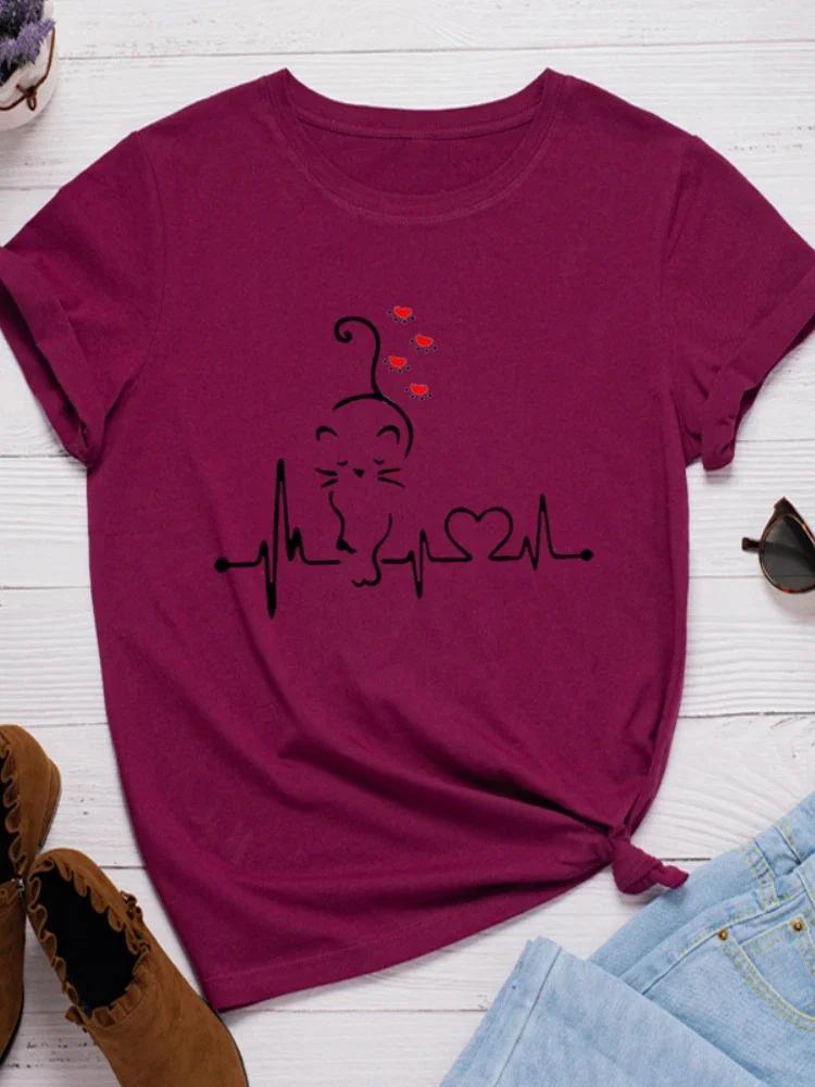 Cat Heartbeat Print Women T Shirt Short Sleeve O Neck Loose Women Tshirt Ladies Tee Shirt Tops Clothes Camisetas Mujer