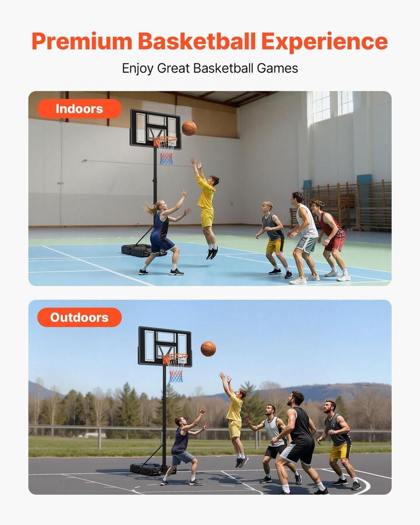 Portable Basketball Stand, 1.35 to 3.05m Height Adjustment Basketball Hoop & Goal, Adjustable Basketballs Goal System with Built-in Rolling Wheels for