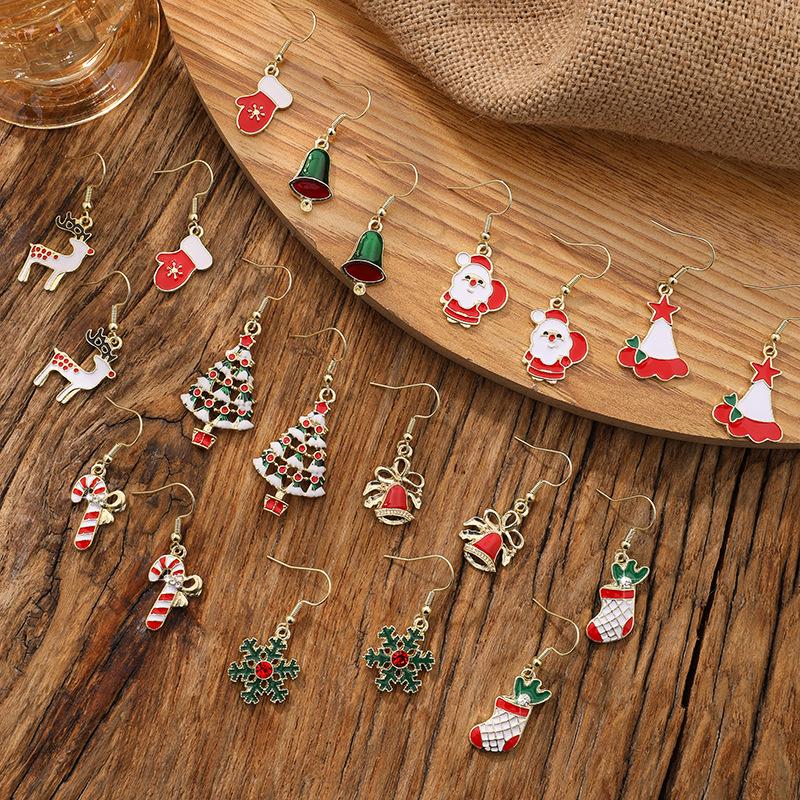 Christmas Santa Snowflake, Candy Cane, Bell, and Elk Earrings with Christmas Hat Design