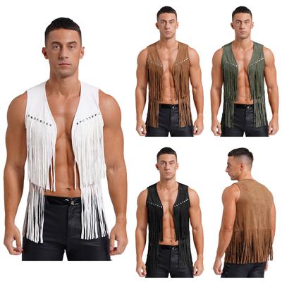 Herren Western Cowboy Vintage Faux Wildleder Quaste Weste Tops Offene Vorderseite Nieten Fransen Weste Jacke Festival Rave Party Clubwear