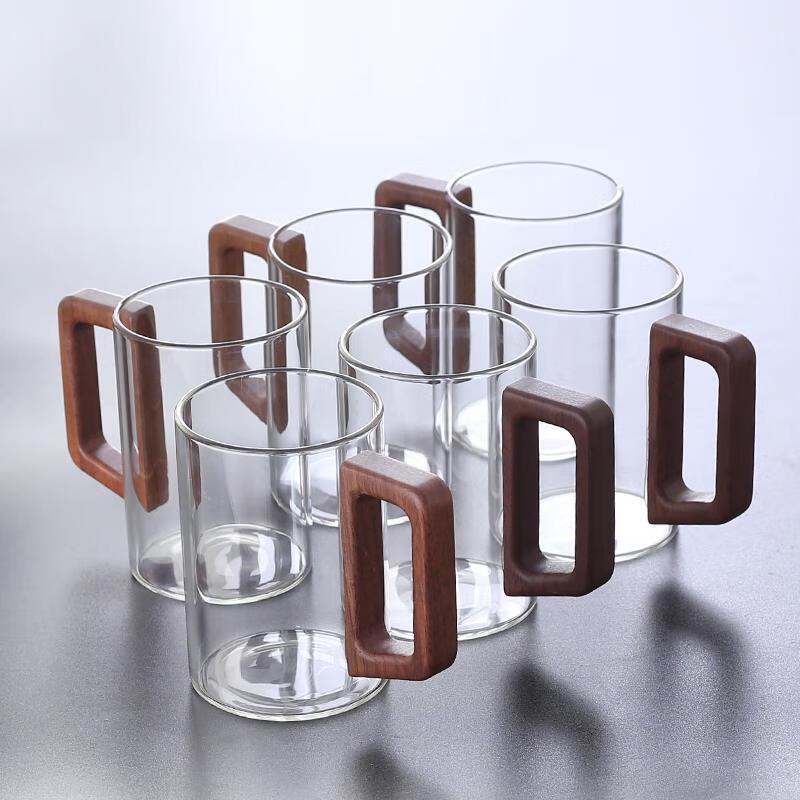 Glass Tea Cups with Wooden Handle, 300ml (Set of 6)