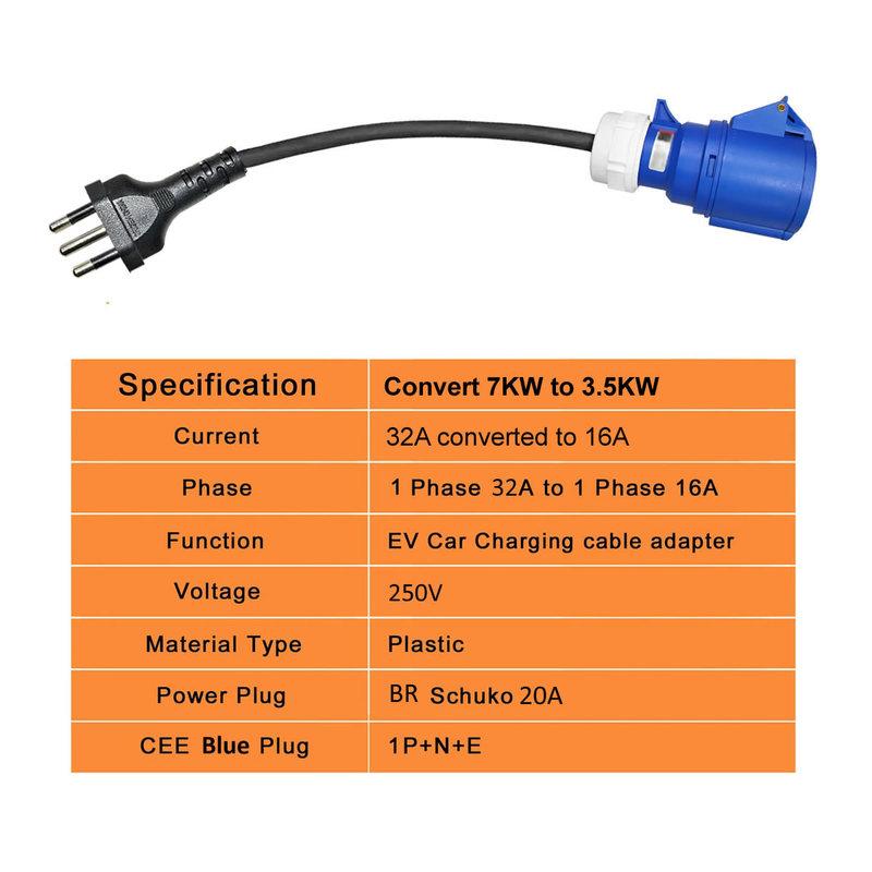 1-phase Blue Female CEE 32A Socket To 20A Brazilian Plug Adapter 7KW 32A To 3.5KW 16A Portable Electric Vehicle Charging Adapter