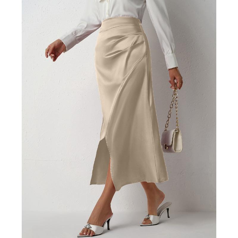 Damen Hoher Bund Satin Raffung Detail Schlitz Saum Midi Rock