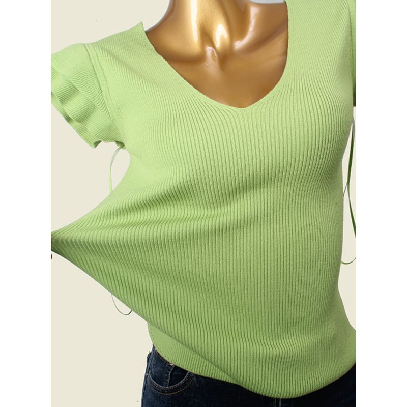 Mint Green V Neck Thread Fitted Knitwear Summer Flying Sleeves Slim Looking Pure Color Undershirt