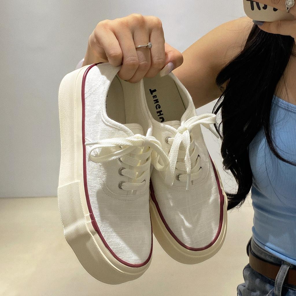 Thick-soled Breathable Linen Contrasting Color Lace-up Round Head Canvas Shoes Women's 2025 New Casual Style Thick-soled Sports Shoes