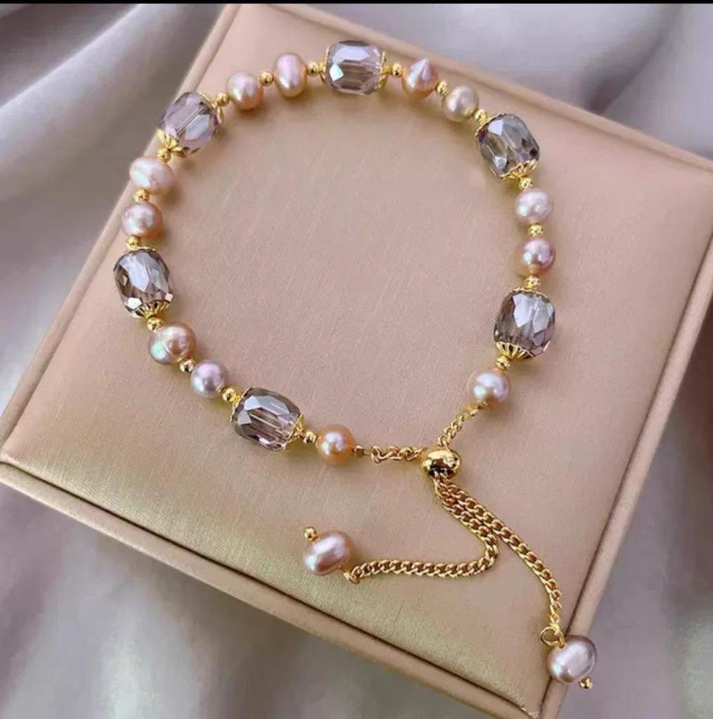 French Retro Crystal Beaded Pearl Bracelet for Women - Purple, Niche Design
