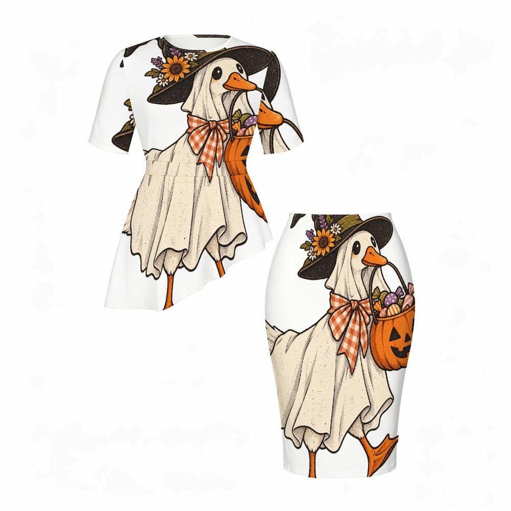 Women Plus Size Halloween Printed Round Neck Short Sleeve Asymmetric Top Fitted Skirt Two Piece Set