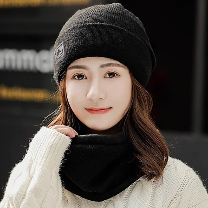 Women Knitted Beanie+Scarf Sets Thicken Velvet Lining Pullover Cap Unisex Winter Warm Plush Bonnet Neck Protection Scarves Hat