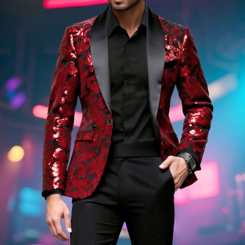 Mens Sequin Velvet Blazer Jacket Fashion Party Stage Performance Nightclub Suit Coat