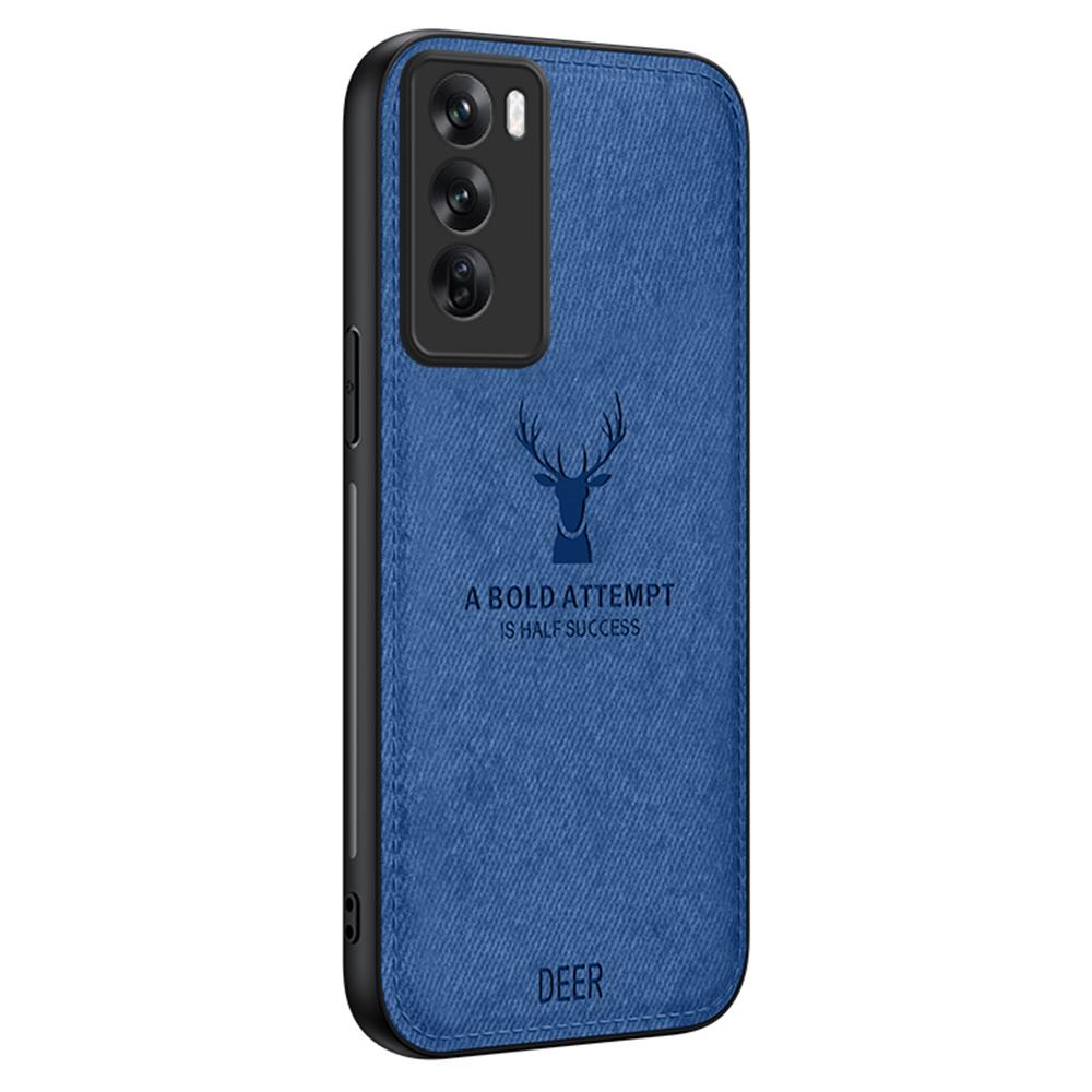

For Oppo Reno12 5G (Global) Phone Case Deer Pattern Cloth Texture PU Leather Back Cover Blue