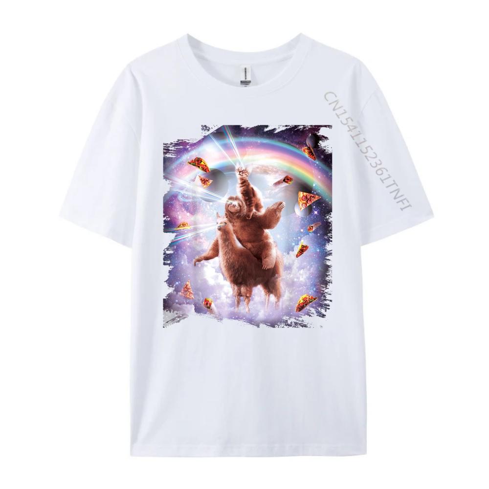 Laser Eyes Space Cat Riding Sloth Llama  Rainbow Shirts Graphic Tee White T Shirt Men