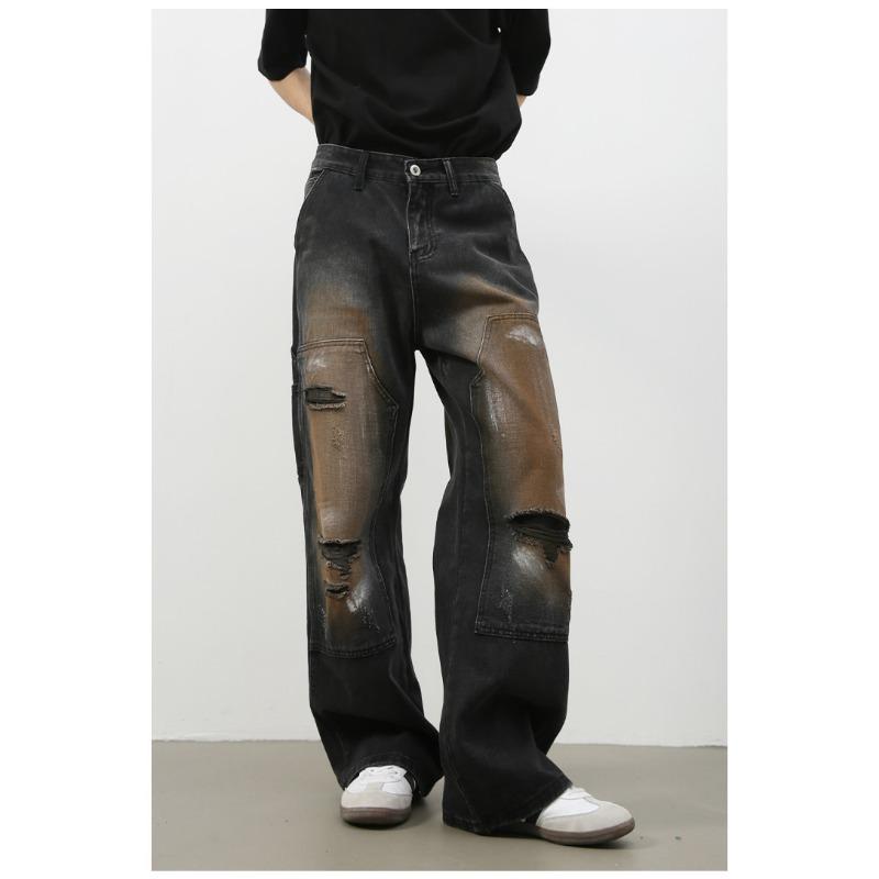 Street Retro Lumberjack Jeans Men's High Street Broken Hole Loose Straight Pants Straight Loose Jeans for Men Fashionable and Comfortable Pants