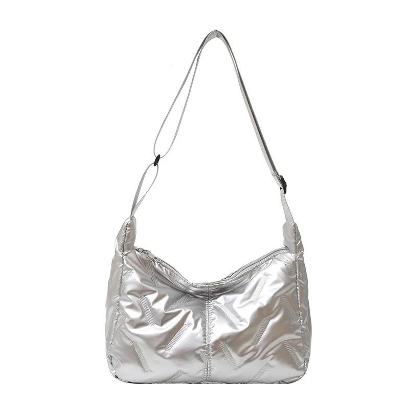 Bolso de Mano Ligero de Nailon Plateado para Niñas Bolso Dumpling Gran Capacidad Bolso de Hombro Cruzado Bolso Tote de Algodón Espacio Brillante Bolsos