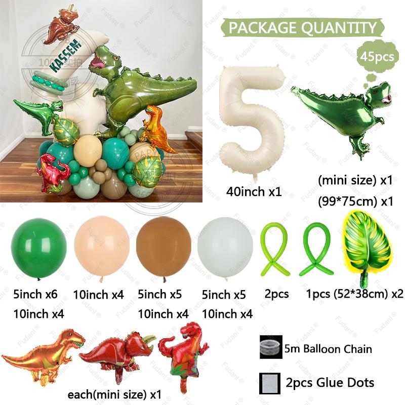 45pcs Jungle Dinosaur Party Balloons Set Mini Dinosaur Balloon Cream White Number Ballon Kids 1 2 3 4 5Year Birthday Party Decor