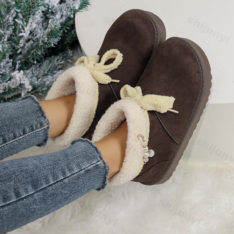 Fashion Women's Short Boots 2025 Winter New Outdoor Thicken Warm Slip on Snow Boots Comfortable Fashion Bow Knot Non Slip Cotton Shoes