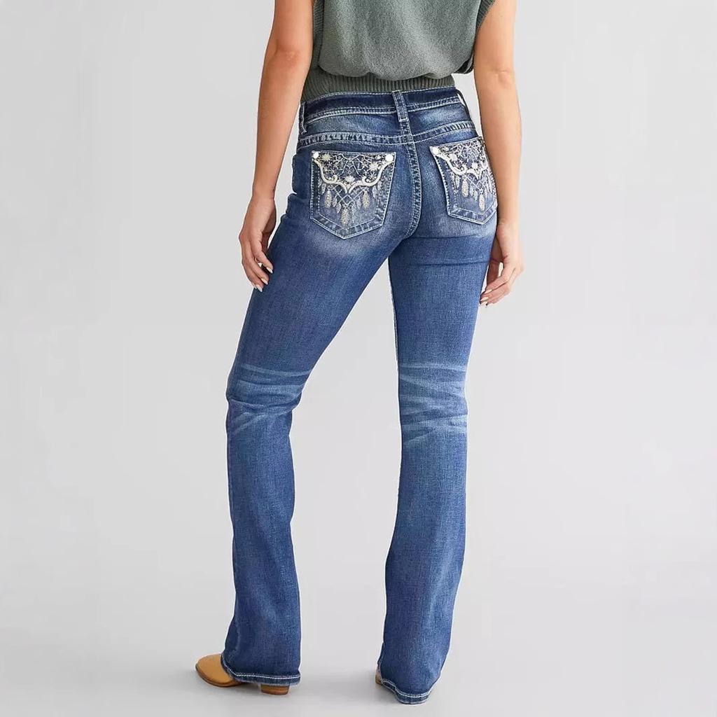 Jeans évasés taille moyenne pour femme Jeans bootcut décorés de broderies Pantalon long en denim stretch décontracté Pour un usage quotidien