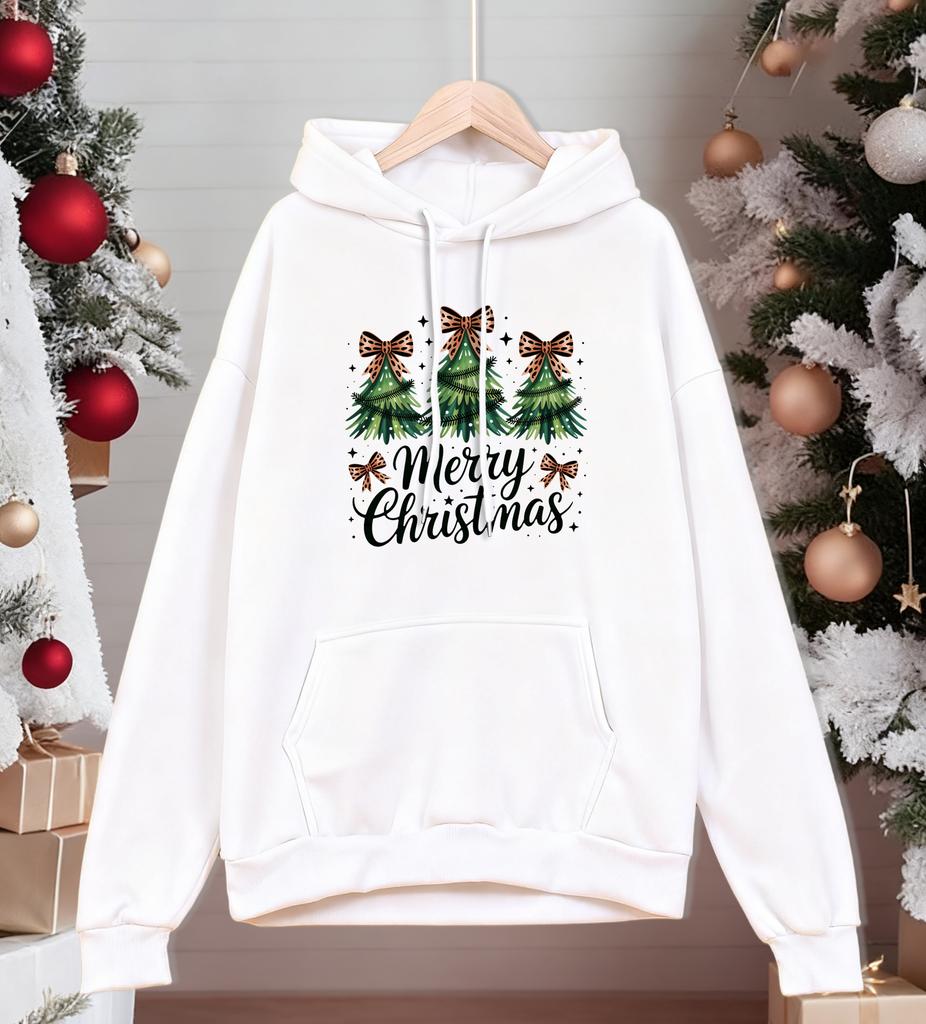 Merry Christmas Bow Trees Printing Hoodiy Men Loose Pocket Hoodies Casual All-Match Man Sportswear Fleece Fashion Pullovers