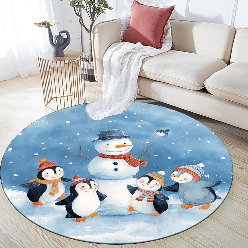 Snowy Day Penguin,Round Area Rug,Carpet Rug for Living Room Bedroom Sofa Playroom Decor,Non-slip Floor Mat