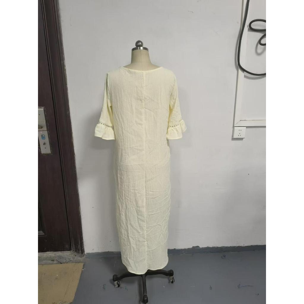 Spring Summer Women's Casual Loose Solid Color Cotton Lace V-neck Dress Leisure Trade