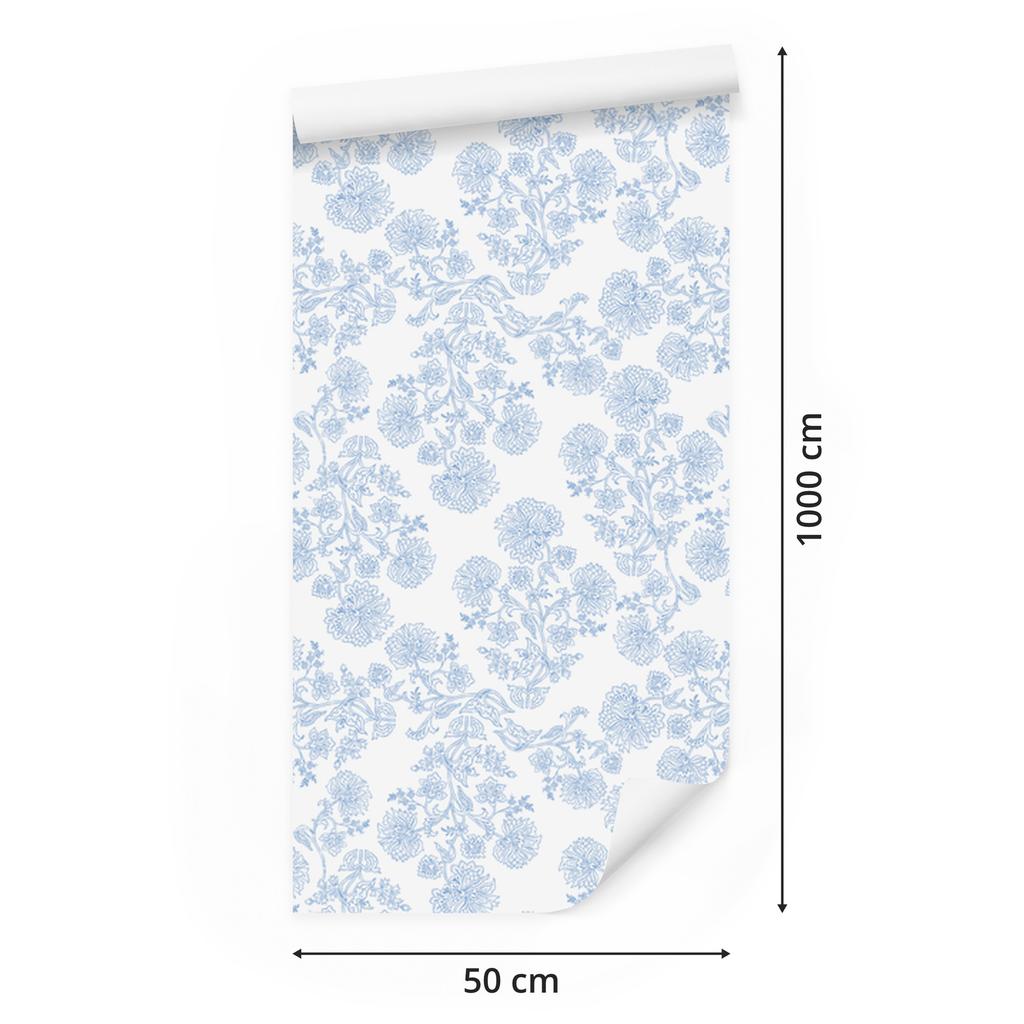 Wallpaper Flowers white and azure, a clear detail for the living room and bedroom 50x1000